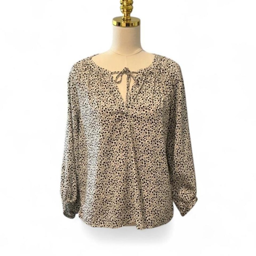 LOFT Blouse Women Medium Black White Excellent Floral Tie Neck Long Sleeve 1208
